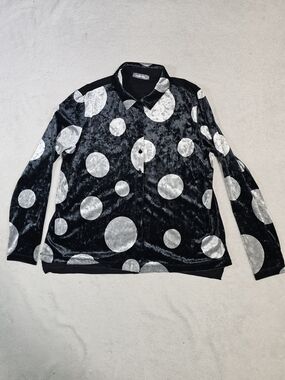 Alembika Long Sleeve Top 1 Black Silver Velvet Polka Dot High Neck Blouse.